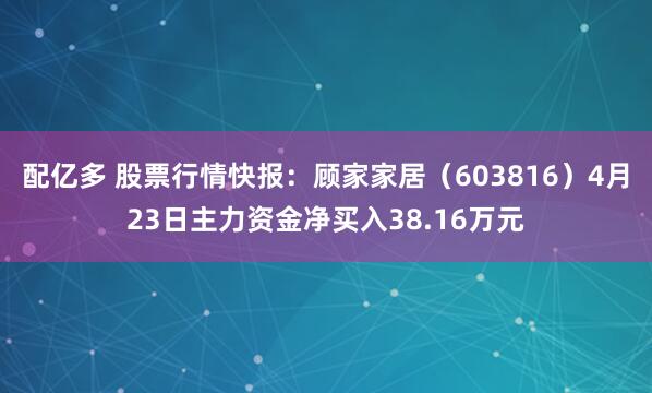 配亿多 股票行情快报：顾家家居（603816）4月23日主力资金净买入38.16万元
